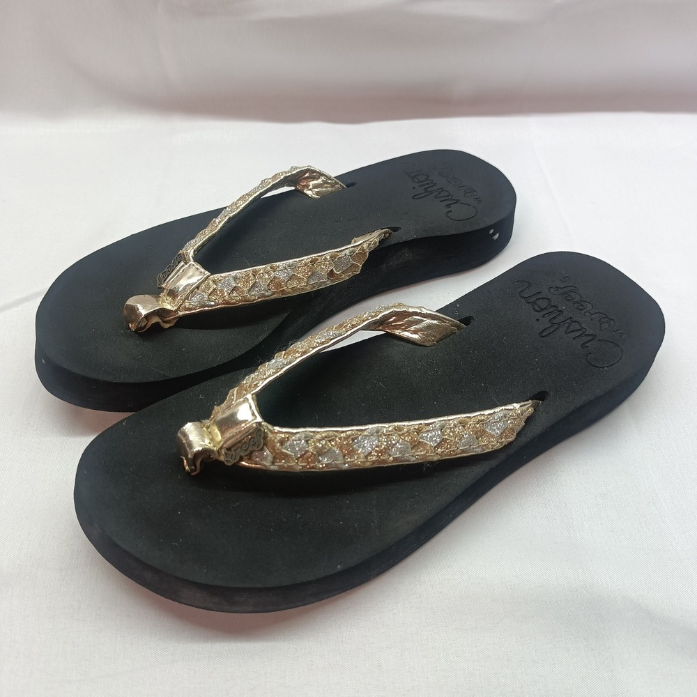 Reef Cushion Black Gold Silver Braided Thong Flip Flop Sandals Womens 5 G-14 CLK